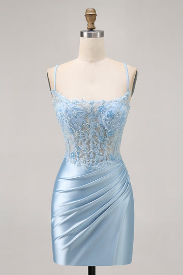 Blue Bodycon Sequins Corset Beaded Homecoming Dress with Appliques